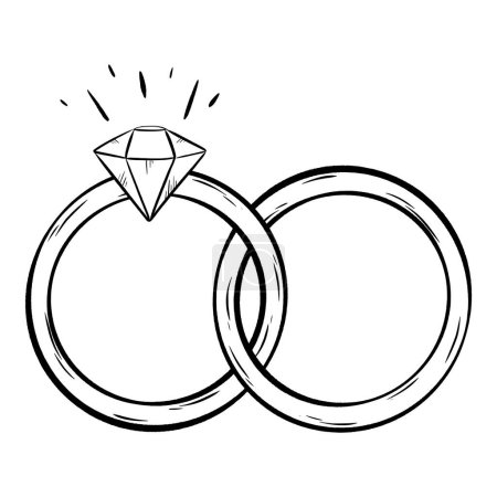 Téléchargez les illustrations : Un élégant dessin noir et blanc de deux alliances reliées par un diamant au milieu, symbolisant l'amour éternel et l'unité - en licence libre de droit
