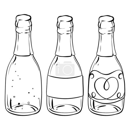 A monochromatic art piece featuring three glass bottles of champagne, a classic alcoholic beverage with a bottle stopper and labels indicating a festive drink
