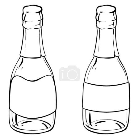 Téléchargez les illustrations : Un dessin monochromatique avec deux bouteilles de champagne en verre, une représentation classique de la vaisselle remplie de la boisson alcoolisée pétillante - en licence libre de droit