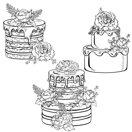 Téléchargez les illustrations : Illustration monochrome représentant trois gâteaux ornés de fleurs sur le dessus, sur fond blanc. Les détails délicats soulignent l'élégance de la vaisselle et du service - en licence libre de droit