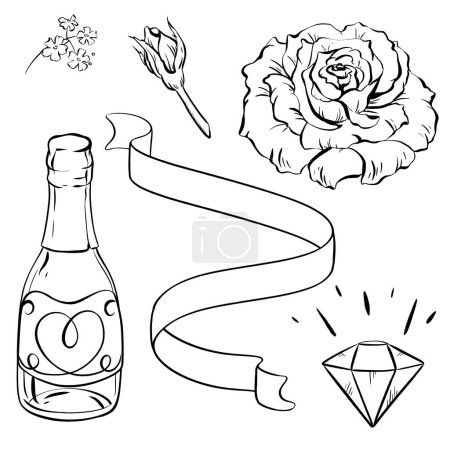 Téléchargez les illustrations : Un dessin monochrome avec une bouteille de champagne en verre blanc avec un bouchon de bouteille, une rose délicate avec des pétales, un ruban et un diamant étincelant, capturant un geste romantique - en licence libre de droit