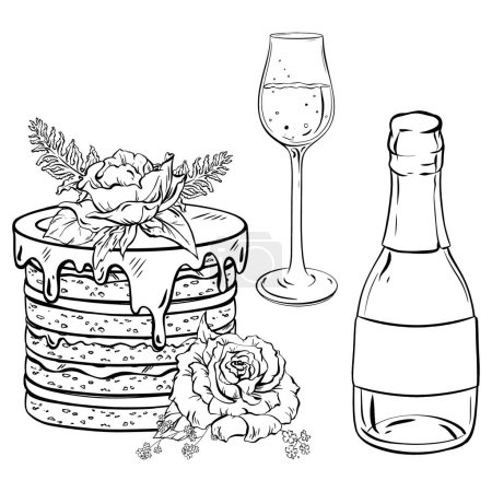 Téléchargez les illustrations : Une œuvre d'art monochrome avec un gâteau, une bouteille de vin et un verre de vin. Le dessin capture l'élégance de la vaisselle, du liquide et de la vaisselle dans un cadre de bar - en licence libre de droit