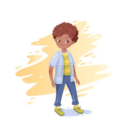 A cheerful vector illustration of a young dark-skinned boy with curly hair, dressed in a light blue shirt over a yellow striped T-shirt, blue jeans, and yellow sneakers. He is standing and smiling