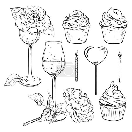 Illustration for A set of hand drawn illustrations of wine glasses , cupcakes , candles and roses . High quality - Royalty Free Image