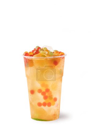 Photo for Bubble Tea, Isolated on White Background  Colorful, Fresh Orange Boba Drink with Fruit Fizzy Jellies and Ice Cubes, Wet with Droplets  Close Up Macro - Royalty Free Image