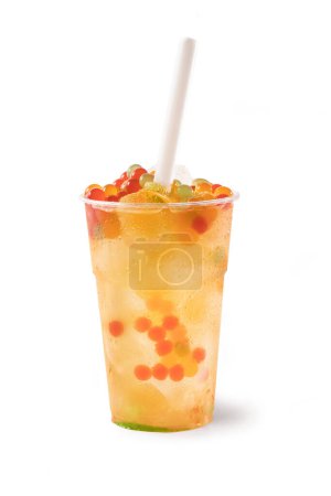 Photo for Bubble Tea, Isolated on White Background  Colorful, Fresh Orange Boba Drink with Fruit Fizzy Jellies and Ice Cubes, Wet with Droplets  Close Up Macro on Transparent Plastic Cup with Straw and Lid - Royalty Free Image