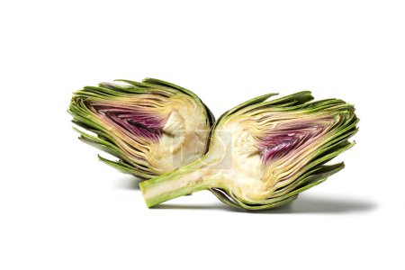 Photo for Green Artichokes Cut Open, Edible Flowers, Italian Vegetable "Carciofo"  Close-Up on Leaves, Stem, Bud  Isolated on White Background - Royalty Free Image