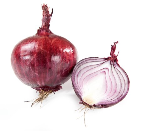 Photo for Onion of Tropea, Italy, "Cipolla Calabria" Isolated on White Background  Group, Halved, Sliced Red Bulb, Purple Color, Close Up on Layers Inside, Unpeeled Glossy Skin  Detailed Close-Up Macro - Royalty Free Image