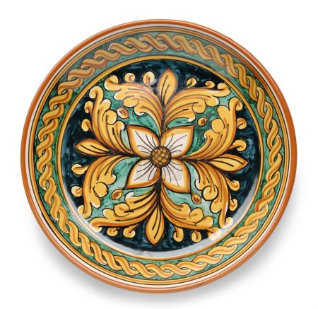 Photo for Decorated Plate Top View  Hand-Painted Traditional Italian Ceramic from Caltagirone, Sicily Isolated on White Background - Royalty Free Image