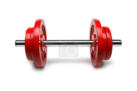 Photo for Dumbbell with Red Plates, Weight Training, Weightlifting in Gym  Front View  Isolated on White Background - Royalty Free Image