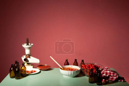 Téléchargez les photos : Processus de préparation de sauce tomate maison italienne dans la cuisine, Contexte traditionnel "Salsa" Recette italienne avec des bouteilles typiques, Table de cuisine, Nappe pique-nique et trempette ou louche, Fraiseuse - en image libre de droit