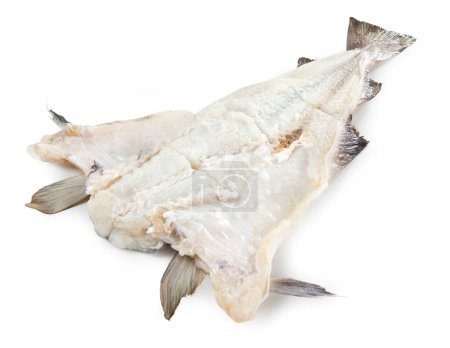 Foto de Bacalao seco y salado, pescado salado, aislado sobre fondo blanco - Imagen libre de derechos