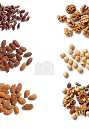 Photo for Dried Fruit Ingredients, Various Groups, Non-Mixed  Almonds, Walnuts, Pistachios  Isolated on White Background - Royalty Free Image