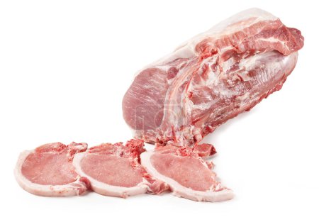Téléchargez les photos : Viande de porc crue - Côtelettes de longe - Isolé sur fond blanc - en image libre de droit