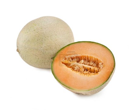 Photo for Whole and slice of japanese melons, orange melon or cantaloupe melon on white background - melone di Cantalupo melone Giallo Paceco melone Verde Purceddu d'Alcamo - Royalty Free Image