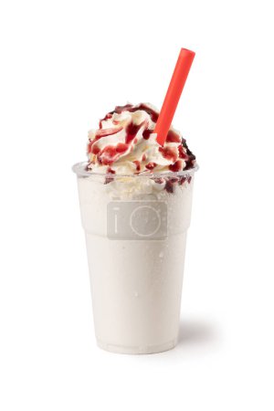 Photo for Italian Frappe, Milkshake Isolated on White Background  Vanilla Gelato with Strawberry Topping and Red Straw, Ice Cold Transparent Wet Plastic Cup, Droplets   Close-Up Macro, High Resolution - Royalty Free Image