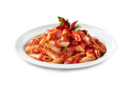 Photo for Italian Pasta Dish  "all'Arrabbiata" (with Hot Pepper and Tomato Sauce)  Isolated on White Background - Royalty Free Image