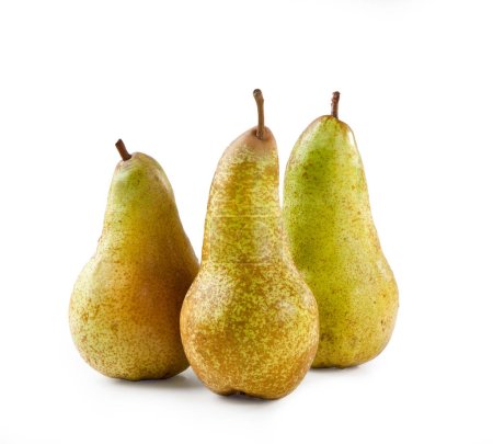 Photo for Abate Fetel Pears, Isolated on White Background  Arranged Group of Three European Pears, Green Abb Fetel Cultivar  Detailed Close-Up Macro on Skin, High Resolution - Royalty Free Image