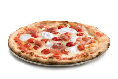Photo for Pizza Margherita with Cured Ham and Cherry Tomatoes  Authentic Italian Food, Plate with Buffalo Mozzarella Cheese, Extra Virgin Olive Oil, Prosciutto di Parma  Close Up, Isolated on White Background - Royalty Free Image