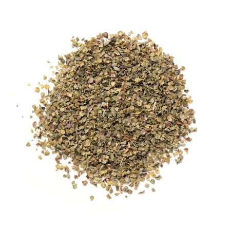 Photo for Marjoram Dried Spice, Crushed Leaves of Raw Spice Herb  Top View, Close-Up Macro, from Above  Isolated on White Background - Royalty Free Image