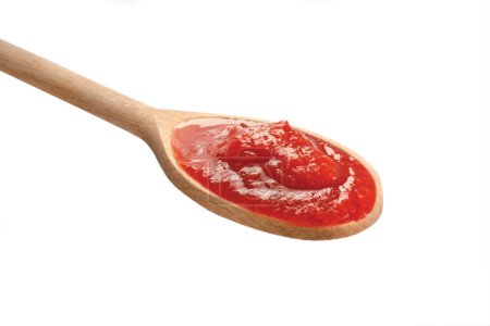 Photo for Tomato Sauce on Spoon, Isolated on White Background  Fresh Italian Tomato Red Pulp Macro Detail, Light Wooden Spoon, High Resolution, Bright Icon - Royalty Free Image
