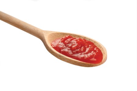 Photo for Tomato Sauce on Spoon, Isolated on White Background  Fresh Italian Tomato Red Pulp Macro Detail, Light Wooden Spoon, High Resolution, Bright Icon - Royalty Free Image