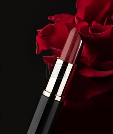 Photo for Red Rose and Lipstick on Black Background  Glossy Make Up Cosmetic, Dark Colors and Macro Details, Iconic Passion Symbol  High Resolution Close Up - Royalty Free Image