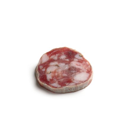 Photo for Italian Pork Meat  "Salamino di Suino Nero dei Nebrodi" Type of Salami  Isolated on White Background - Royalty Free Image