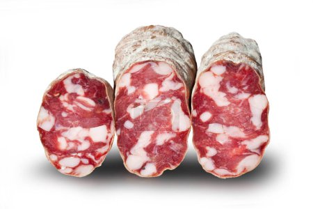 Photo for Italian Pork Meat  "Salame di Suino Nero dei Nebrodi" Type of Salami  Isolated on White Background - Royalty Free Image