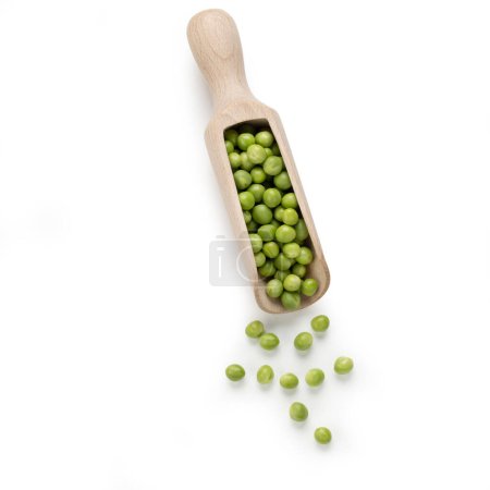 Photo for Fresh Peas on Wooden Scoop - isolated on white background, Top View, Natural Beech Wood Scoop -  Group of Peas - Multipurpose - Royalty Free Image