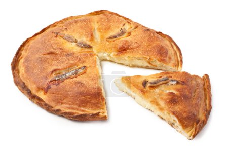 Photo for Sicilian Scaccia (or Scacciata) with Anchovies and Tuma Cheese - Typical Sicilian Pizza - Isolated on White Background - Royalty Free Image