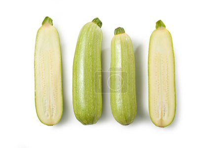 Photo for Zucchini  White "Zucchine" from Italy, Marrow Squash, Courgette  Cut Open, Seeds Detail  Top View Macro  Isolated on White Background - Royalty Free Image