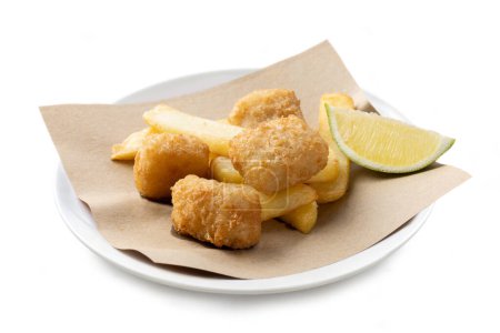 Photo for Traditional fish and chips with a slice of lemon, isolated on white background - Royalty Free Image