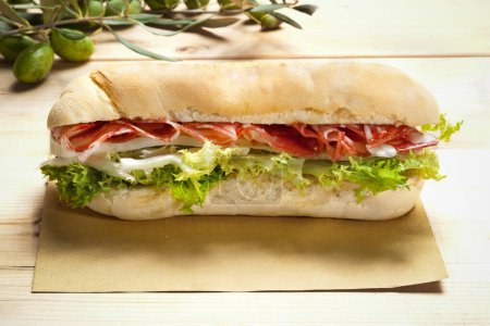 Photo for Typical Italian sandwich with salami, mozzarella, and lettuce - Royalty Free Image