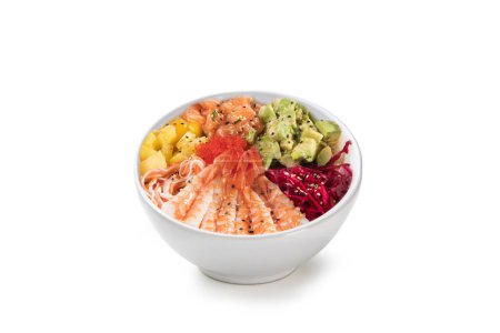 Photo for Poke bowl with shrimp, pineapple, salmon, avocado, turnip, and surimi isolated on white background - Royalty Free Image