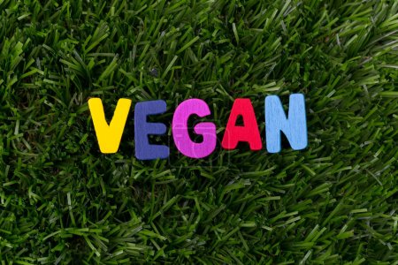 Foto de Letras coloridas con la palabra vegano y un fondo de hierba - Imagen libre de derechos