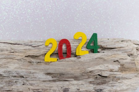 new year 2024 in colored numbers on a log and background with glitter