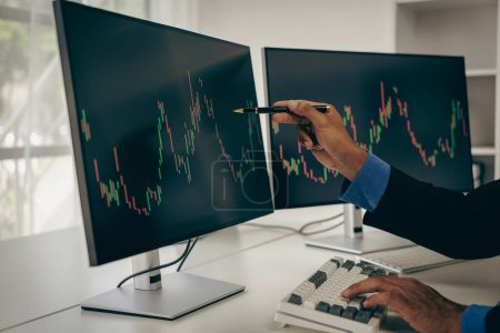Photo for Stock trader looking at stock market chart on screen, analyzing investment strategy, finance working with monitor screen with stock charts and indicators, people working hard to make risk decisions - Royalty Free Image
