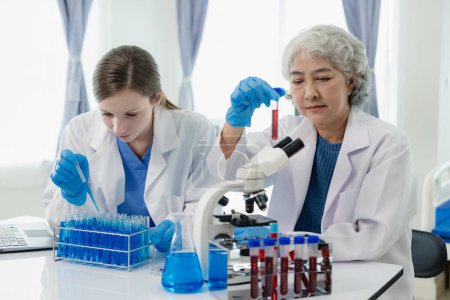 Photo for Laboratory, old female doctor and woman doing medical research with blood in tube, beautiful young woman in white coat sitting in office and working with blood sample in laboratory medical laboratory - Royalty Free Image