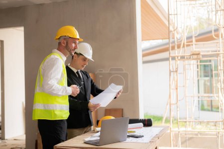 Photo for Architectural engineering team meeting at work site to plan, drawing blueprints, group of business people meeting and presenting at construction site with architect, construction engineer. - Royalty Free Image