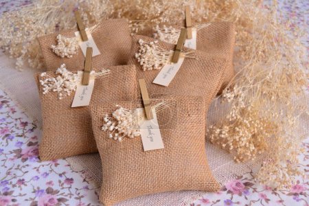 Wedding gifts for guests scented sachets jute burlap bags, thank you favors rustic theme party, sustainable event souvenir, plastic free ecological present with dry flowers and custom label decoration, artisan diy handmade business, gift making