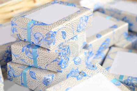 Wedding favors guest gifts boxes in blue white color, natural soaps, baptism baby boy shower souvenir, small original presents