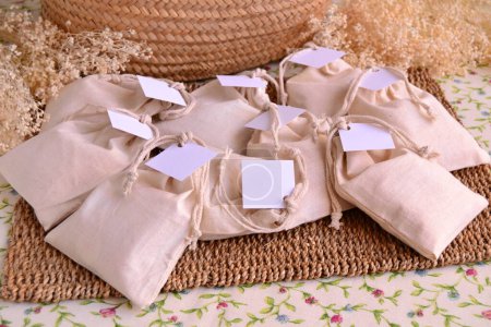 Wedding small gifts cotton bag for guest souvenirs, lavender scented ecological sachet with custom label, rustic style party decoration