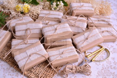 Wedding favors gift making craft box with burlap jute ribbon decoration, natural color, scissors, rustic style party, diy handmade soaps packaging