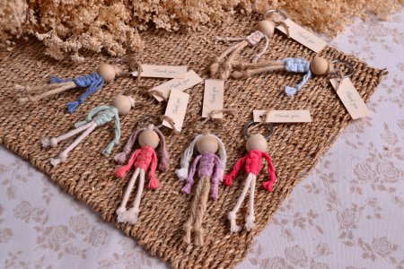Macrame dolls key chains small gifts handmade wedding favors with thank you custom label, baptism, first communion original present, hobby, diy