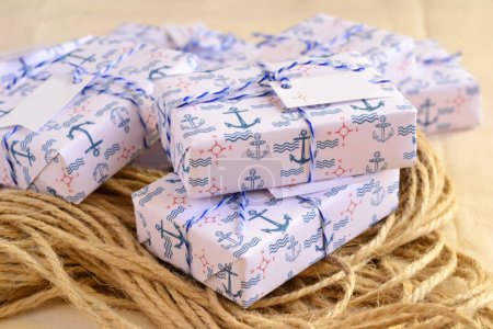 Nautical wedding decoration sailor style gift for party guests, blue white color souvenir box with ribbon and custom label, handmade soap present