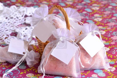 Wedding favor organza scented sachet bag with aromatherapy bath salt, baby girl shower baptism custom souvenir in pink color