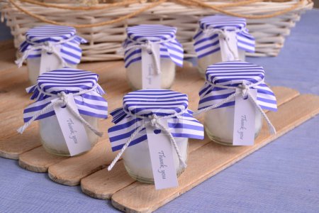 Beach wedding favors glass jar candles festive summer fun party nautical guest gifts with blue white stripes pattern decoration, cotton ribbon, custom thank you label, handmade souvenir