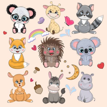 Big set cute funny cartoon animals on a white background. Modern design for prints, kids cards, t-shirts and other. Vector illustration. Stickers 624082810