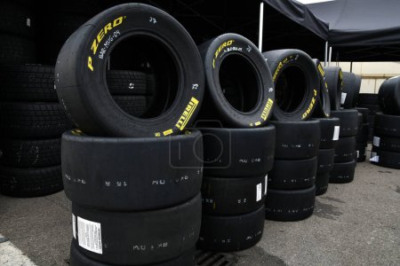 Photo for Scarperia, Italy, 21 October 2022 - Yellow Pirelli tires in the paddock of Mugello Circuit during ACI CSAI Racing Weekend 2022. - Royalty Free Image